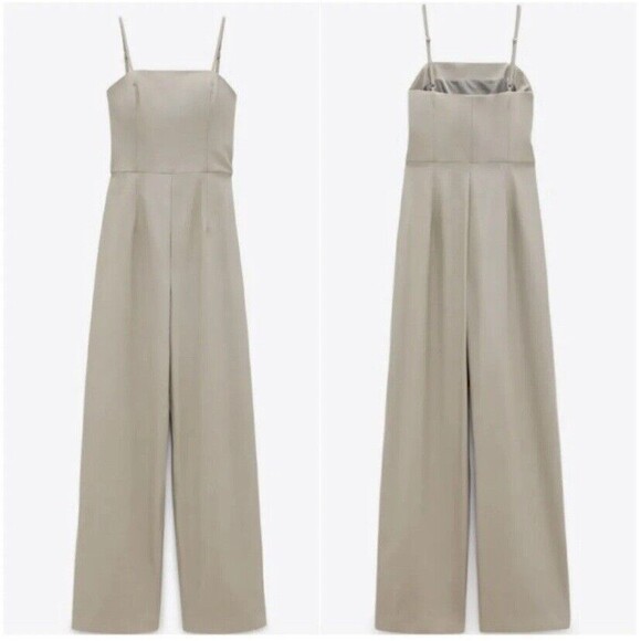 Zara Jumpsuit Small Beige Faux Leather Adjustable Straps Party Summer Tan - Picture 2 of 16
